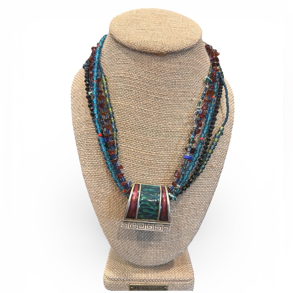 Chico’s Turquoise & Green Beaded Necklace with Silver Accents